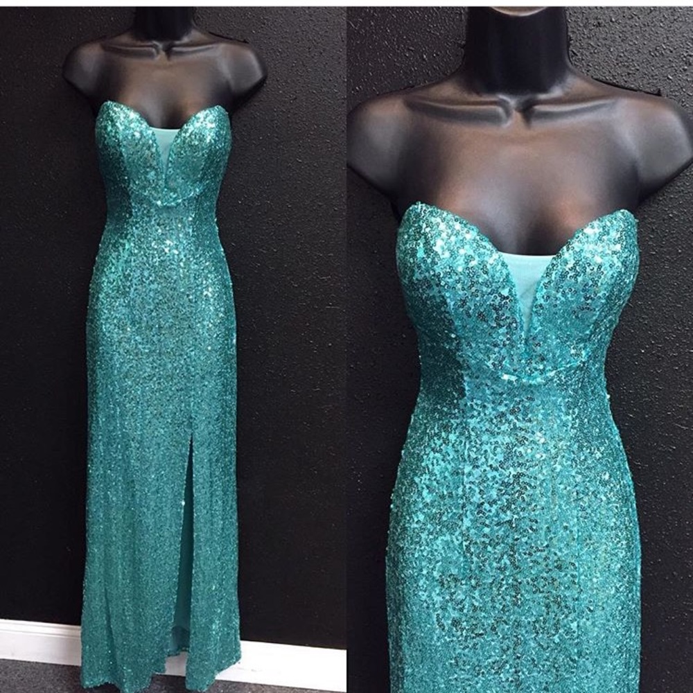 Turquoise Sequin Formal Dress with a Slit